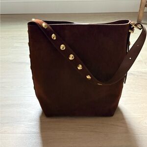 Madewell Essential Bucket Tote Brown Suede Leather Studded Shoulder Bag EUC